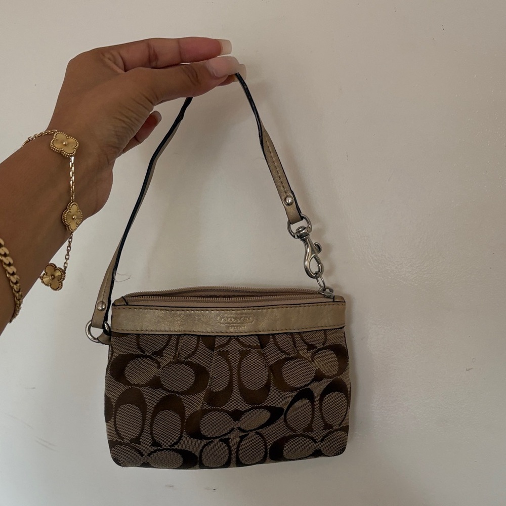 Coach Brown Signature Mini Wristlet with Metallic Trim